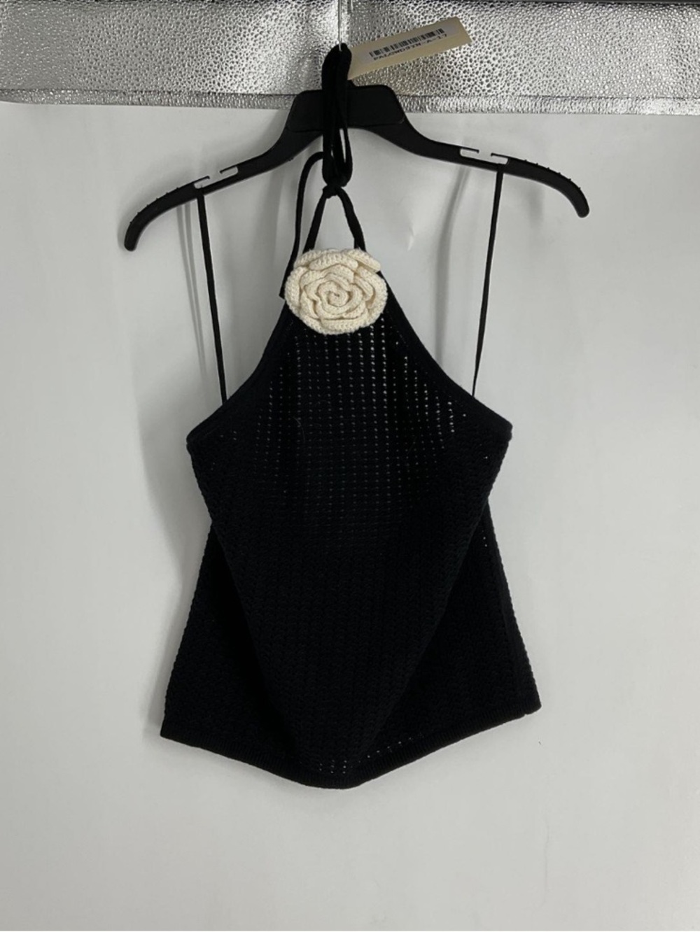 NWT Alice + Olivia Black Halter Crochet Tank Top with Cream Rose Accent
